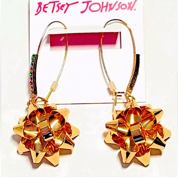 New Betsey Johnson Gold Bow Dangle Earrings - Picture 4 of 13